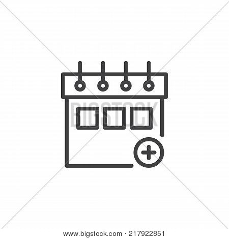 Calendar plus add line icon, outline vector sign, linear style pictogram isolated on white. Add new appointment on calendar symbol, logo illustration. Editable stroke