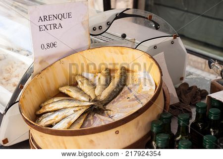 Sineu, Spain - October 18, 2017: Herring (arenque) extra for sale at Sineu market Majorca Spain