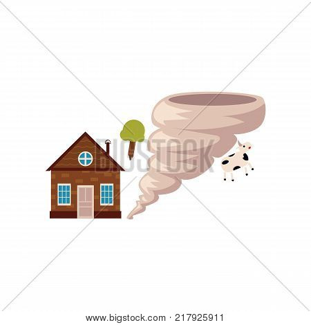 Cottage house in danger of being destroyed by storm, hurricane, tornado, cartoon vector illustration isolated on white background. Tornado, storm hurricane threatening a house, home insurance concept