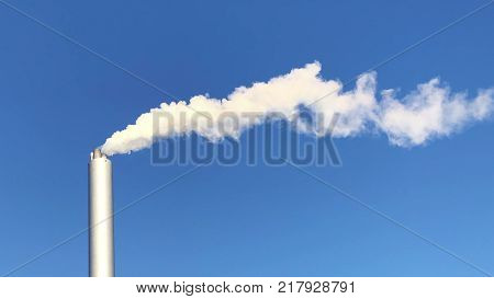 Cloud of white smoke from industrial chimney against blue clear sky with copy space