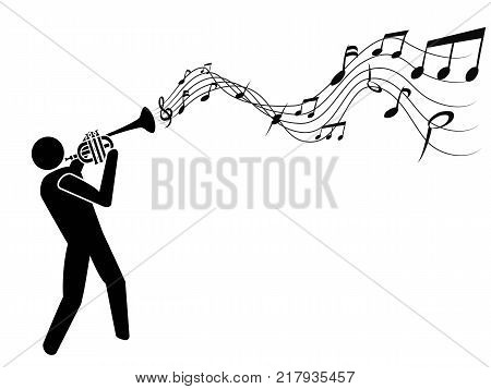isolated the people with trumpet blowing music notes on white background