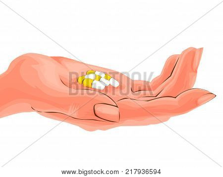 Human hand holding pill vector illustration in cartoon
