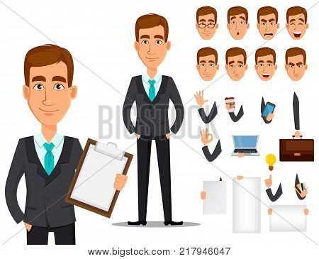 Business man cartoon character creation set. Young handsome smiling businessman in business suit. Build your personal design - stock vector