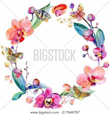 Wildflower orchid flower wreath in a watercolor style. Full name of the plant: orchid. Aquarelle wild flower for background, texture, wrapper pattern, frame or border.