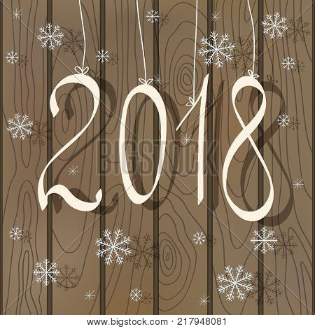 Seasonal greetings card with elegant white numerals 2018 and Christmas falling snowflakes on the background brown wooden fence. Vector illustration in rustic style.