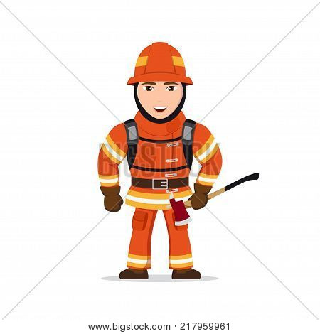 Picture of a firefighter character with axe isolated on white background.