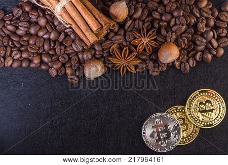 Gold Bitcoin surround by coffee bean close up