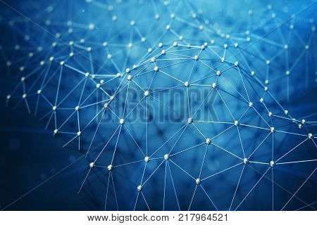 3D illustration Abstract bacgkround connection dots and lines of technology. Connection structure. Science background. Futuristic polygonal background with depth of field effect, bokeh