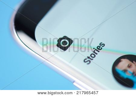 New york, USA - December 12, 2017: Instagram story  application menu on smartphone screen close-up. Using Instagram story moblie menu