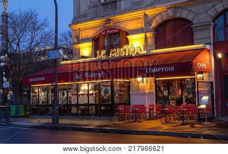 Paris, France-DECEMBER 09 , 2017 : The famous French cafe Le Mistral decorated for Christmas, located at place du Chatelet in Paris.