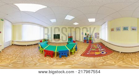 MINSK BELARUS - JANUARY 14 2012: full 360 degree seamless panorama in equirectangular spherical equidistant projection. Panorama in interior of A class of children's development VR content