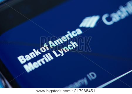 New york, USA - December 12, 2017: Bank of America  moblie app menu application menu on smartphone screen close-up. Using Bank of America moblie menu