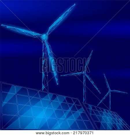 Solar panels windmills turbine generating electricity. Green ecology saving environment. Renewable power low poly polygonal geonetric dark blue sky design vector illustration art