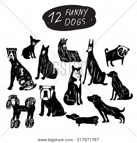 Vector funny dog icon set: terrier shepherd labrador bulldog pug husky poodle doberman dachshund. Black and white isolated icons for polygraphy web design logo app UI.