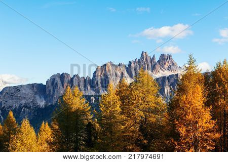 Beautiful Autumn Colors In Dolomites Mountain, Tofana Peak, Cinque Torri Mountain
