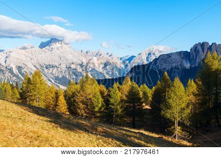 Beautiful Autumn Colors In Dolomites Mountain, Tofana Peak, Cinque Torri Mountain