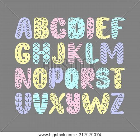 Pastel colorful graphic drawn alphabet on gray background. Cute abc design for book cover, poster, card, print on baby's clothes, pillow etc. Decorative letters.
