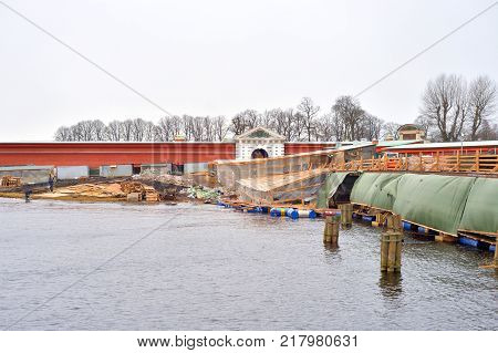 Reconstruction of Ioannovsky bridge and Peter and Paul Fortress in St.Petersburg Russia.