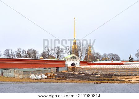 Reconstruction of Ioannovsky bridge and Peter and Paul Fortress in St.Petersburg Russia.