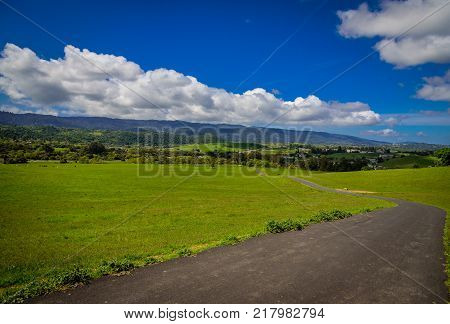 Hiking trail on the green hills in the middle of the Bay Area. Graet view of blue sky and green mountains