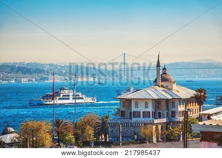 ISTANBUL, TURKEY: Cityscape with Bosporus and Bosphorus Bridge on background April 28, 2017: