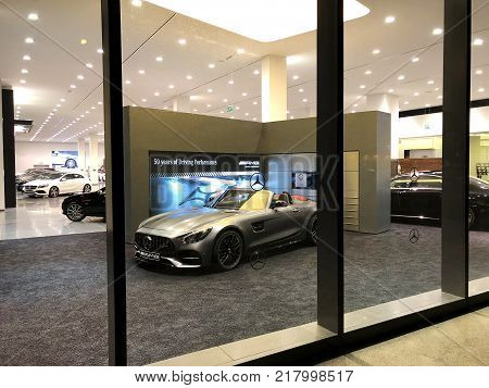HERZLIYA, ISRAEL- DECEMBER 7, 2017: Office of official dealer Mercedes-Benz. Mercedes-Benz is a global automobile manufacturer and a division of the German company Daimler AG.