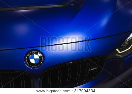 Bangkok, Thailand - August 14, 2019: Bmw Car Logo And Grill Of The Bmw M4 Car, Close Up On The Front