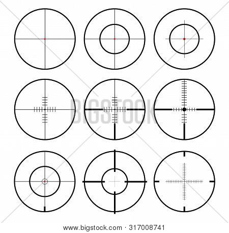 Shoot Focus Cursor. Bullseye Mark Targeting. Game Aiming Sight Dot Pointer Set. Vector Illustration.