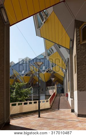 Rotterdam, Holland - July 30, 2019: Innovative cube houses in Rotterdam designed by architect Piet Blom