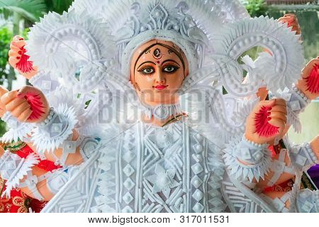 Kolkata, West Bengal, India - 7th October 2018 : Clay Idol Face Of Goddess Durga, With White Dress F