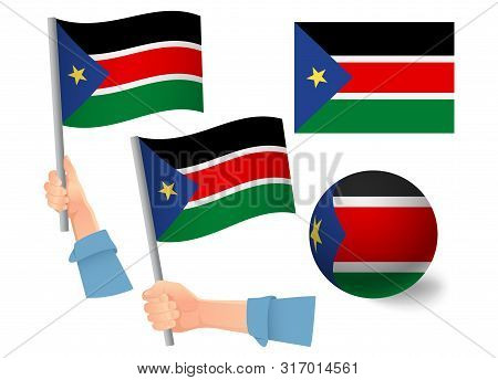 South Sudan Flag In Hand Set. Ball Flag. National Flag Of South Sudan Vector Illustration