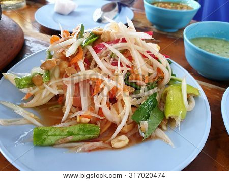 Thai Food Style, Papaya Salad With Tomato, Shrimp, Chili And Bean, This Food Is Most Popular, Som Tu