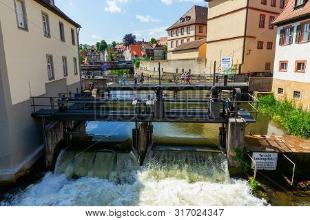 Weir On The River Regnitz In Bamberg, Germany