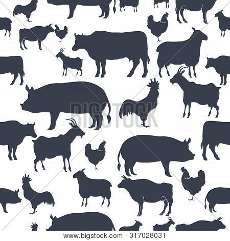 Farm Animals Silhouette Seamless Pattern Background. Vector