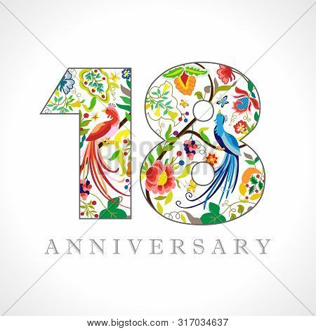 18 Years Old Logotype. 18 Th Anniversary Numbers. Decorative Symbol. Age Congrats With Peacock Birds
