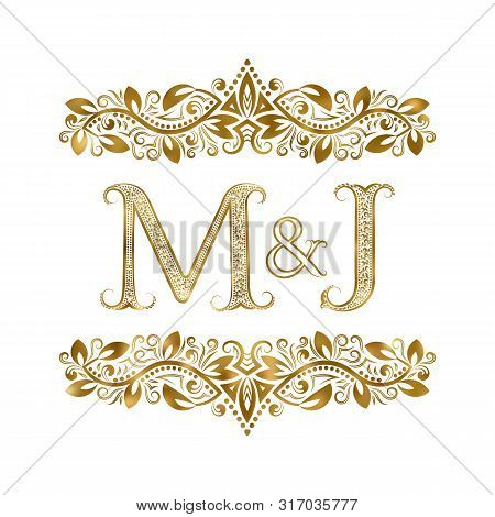 M And J Vintage Initials Logo Symbol. The Letters Are Surrounded By Ornamental Elements. Wedding Or 