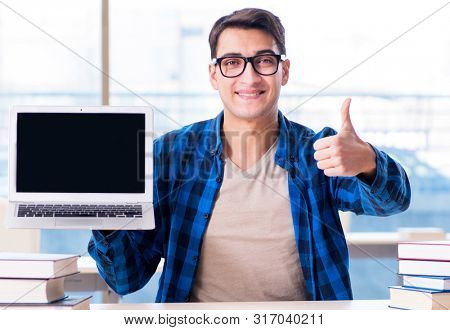 Student in telelearning distance learning concept reading in lib