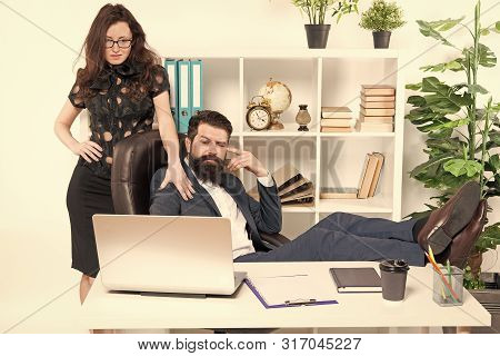 Business People And Office Staff. Sexy Secretary Personal Assistant. Typical Office Life. Man Bearde