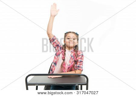 September 1 The First Day Of School Year. Little Girl Raising Hand On September 1 Isolated On White.