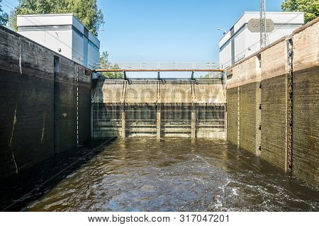 Lappeenranta, Finland - August 7, 2019: Lock On The Saimaa Canal At Malkia. View From Water.