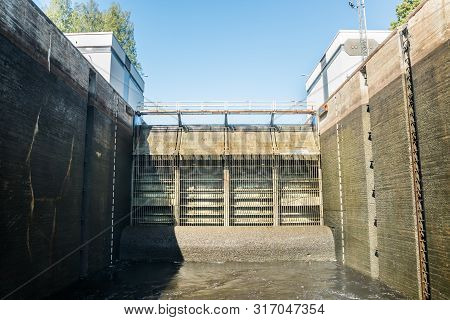 Lappeenranta, Finland - August 7, 2019: Lock On The Saimaa Canal At Malkia. View From Water.