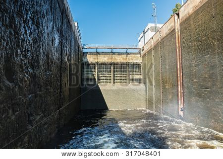 Lappeenranta, Finland - August 7, 2019: Lock On The Saimaa Canal At Malkia. View From Water.