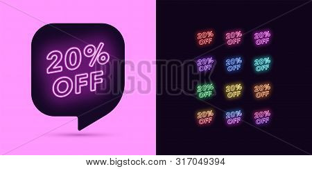 Neon Discount Tag, 20 Percentage Off. Special Offer Sale. Set Of Neon Price Discount, Colorful Bundl