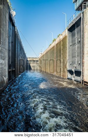 Lappeenranta, Finland - August 7, 2019: Lock On The Saimaa Canal At Malkia. View From Water.
