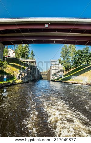 Lappeenranta, Finland - August 7, 2019: Lock And Bridge On The Saimaa Canal At Malkia. View From Wat
