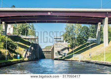 Lappeenranta, Finland - August 7, 2019: Lock And Bridge On The Saimaa Canal At Malkia. View From Wat