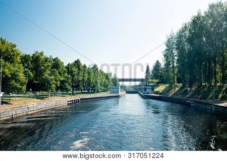 Lappeenranta, Finland - August 7, 2019: Lock On The Saimaa Canal At Malkia. View From Water.