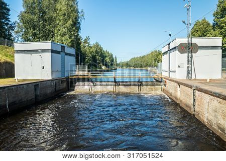 Lappeenranta, Finland - August 7, 2019: Lock On The Saimaa Canal At Malkia. View From Water.