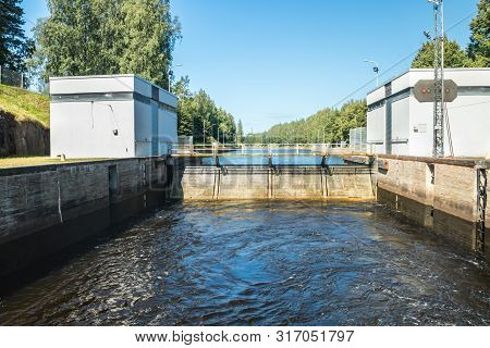 Lappeenranta, Finland - August 7, 2019: Lock On The Saimaa Canal At Malkia. View From Water.