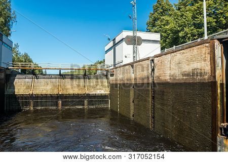 Lappeenranta, Finland - August 7, 2019: Lock On The Saimaa Canal At Malkia. View From Water.